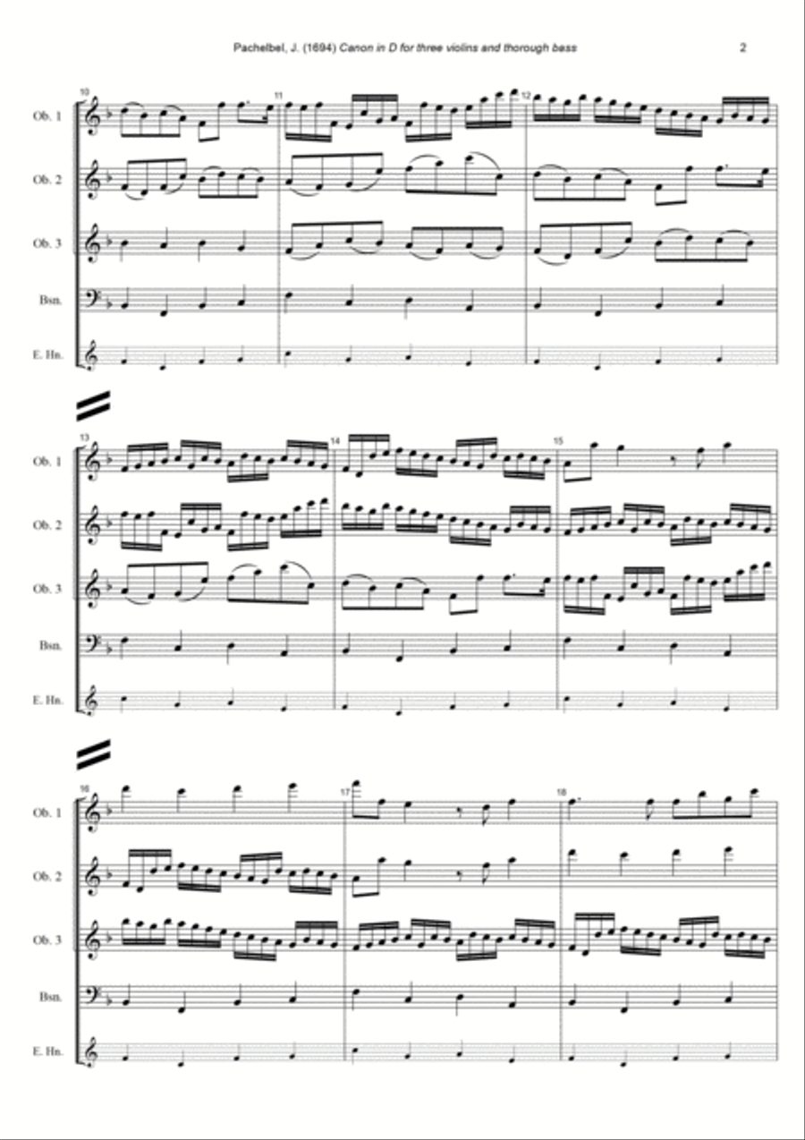 J. Pachelbel - Canon in D-dur, arr. for 3 Oboes & Bassoon (or English Horn) Woodwind Quartet scores gallery preview page 2