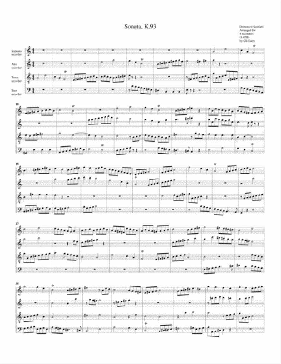 Sonata K.93 (fugue) (arrangement for 4 recorders) Recorder scores gallery preview page 1