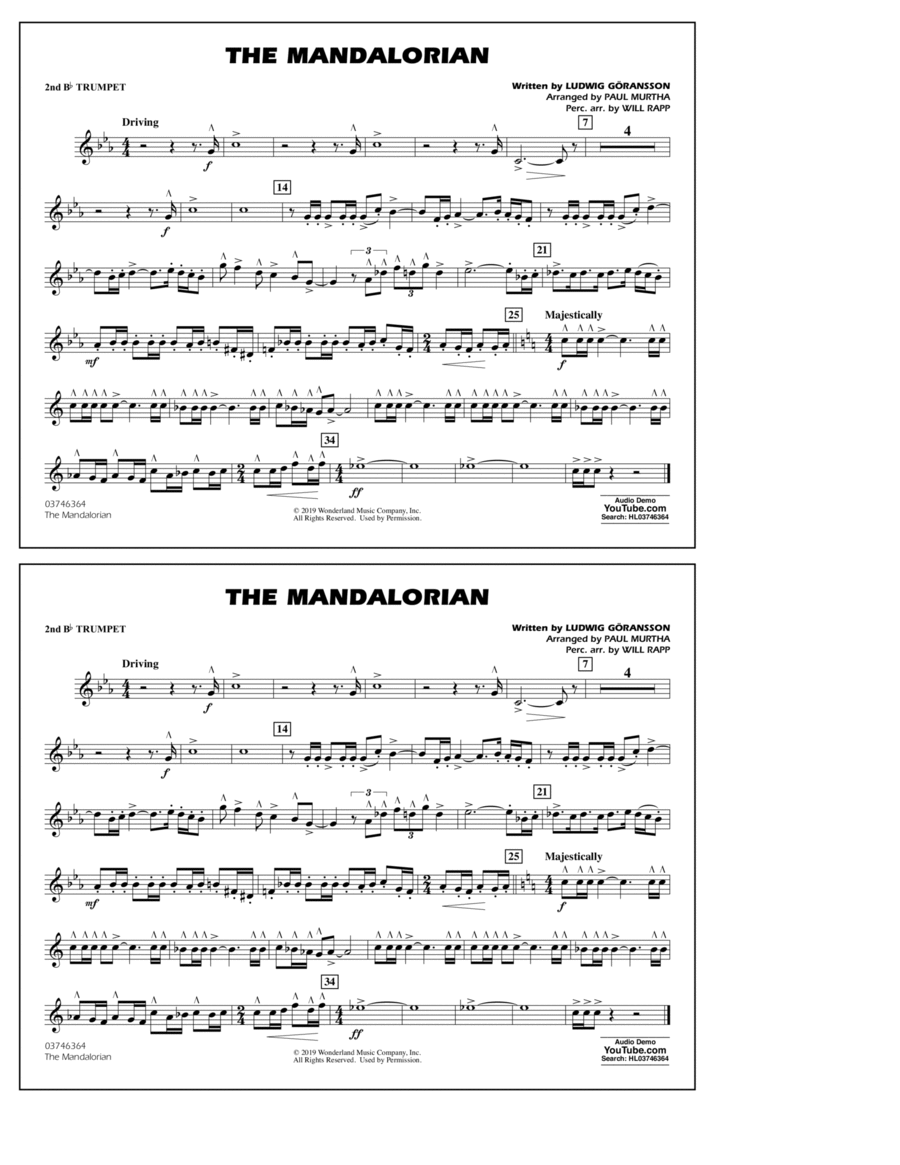 The Mandalorian (from Star Wars: The Mandalorian) (arr. Paul Murtha) - 2nd Bb Trumpet Marching Band scores gallery preview page 1