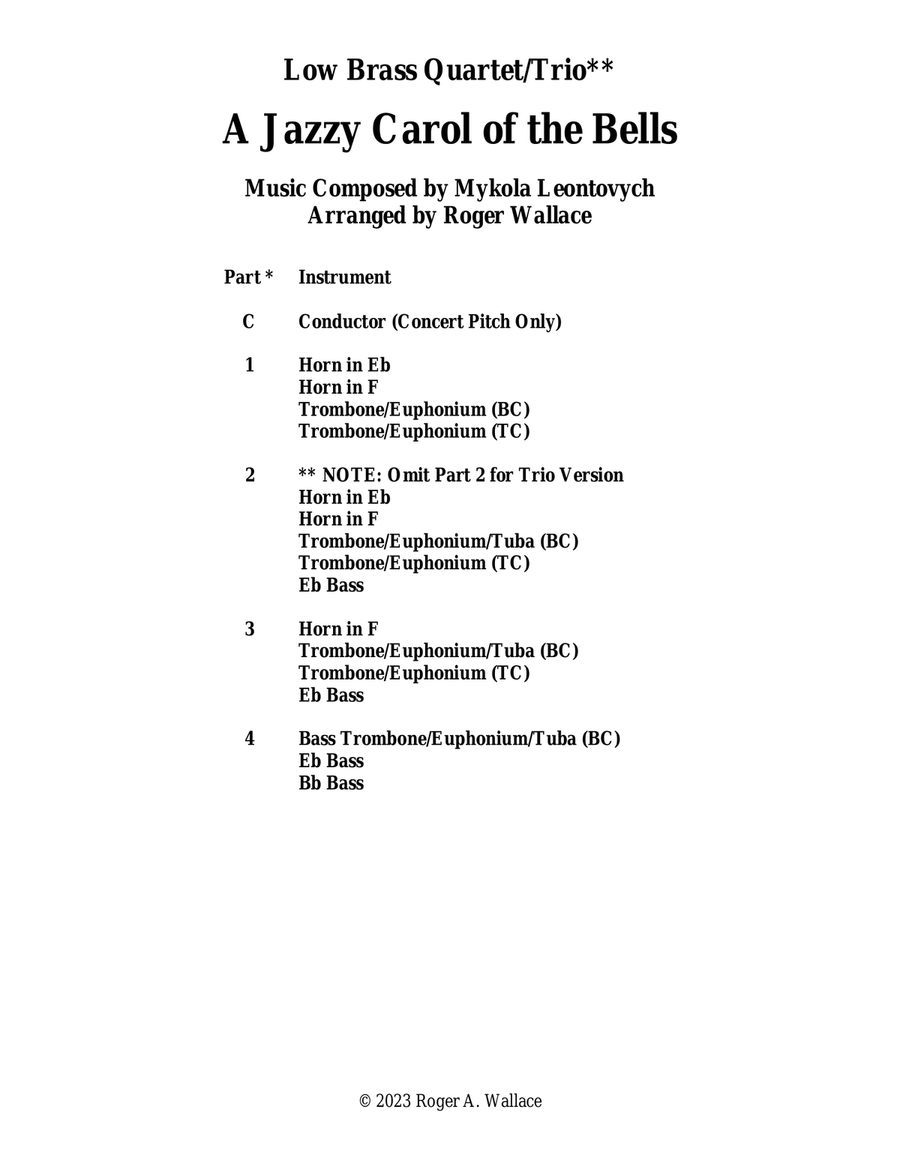 Carol of the Bells (Jazz Waltz for Tuba Quartet) Brass Quartet scores gallery preview page 1