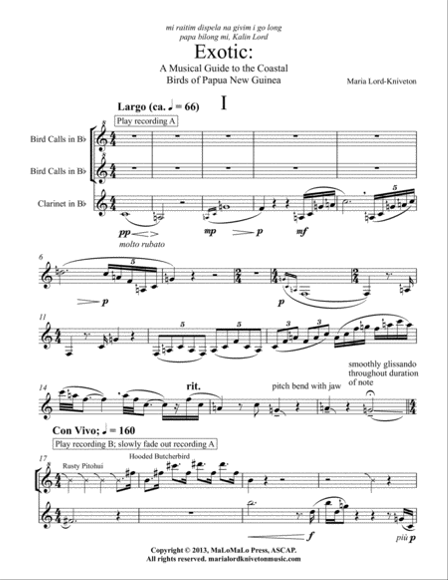 Exotic: A Musical Guide to the Coastal Birds of Papua New Guinea Clarinet Solo scores gallery preview page 3