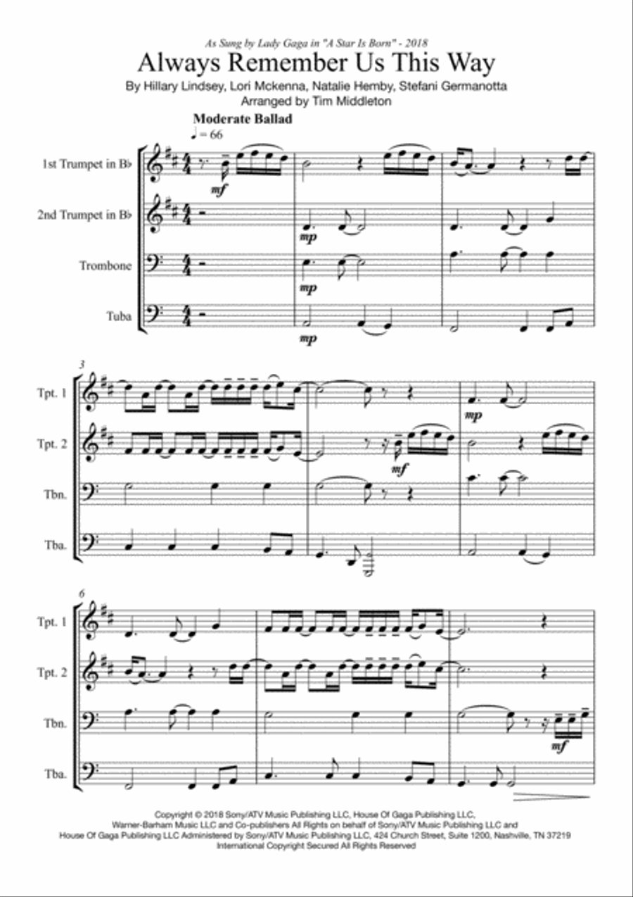 Always Remember Us This Way Brass Ensemble scores gallery preview page 3