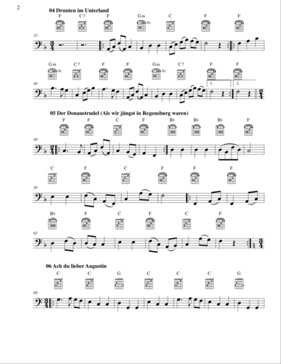 10 Volkslieder - Simple arrangements of 10 German folk songs (cello and guitar chords) String Duet scores gallery preview page 2