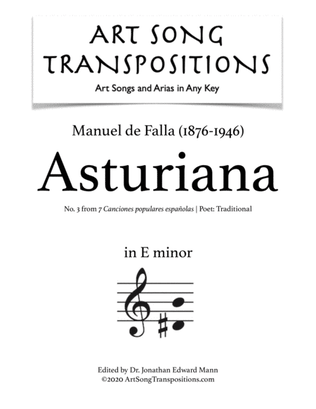 Book cover for DE FALLA: Asturiana (transposed to E minor)