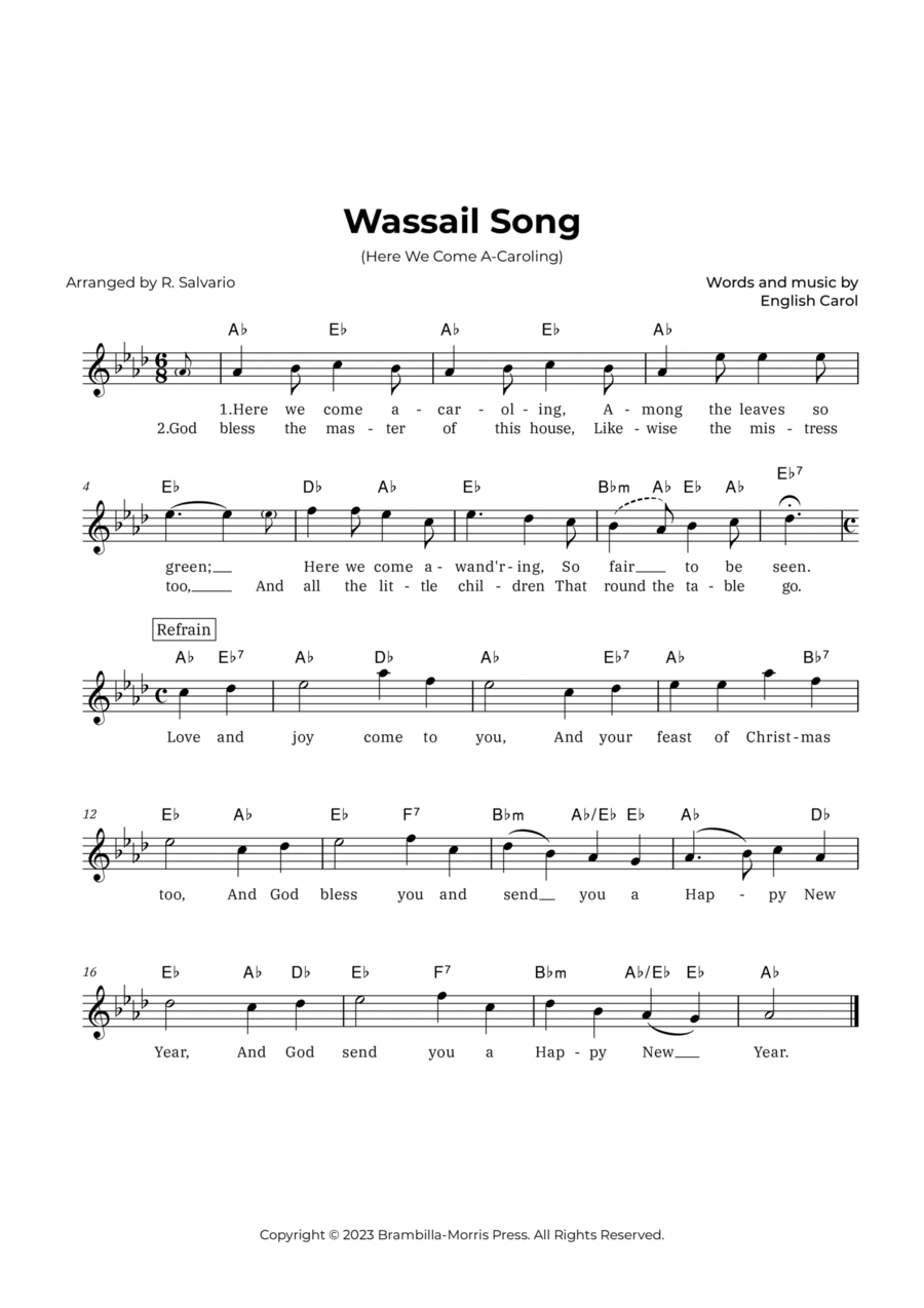 Wassail Song (Here We Come A-Caroling) - Key of A-Flat Major Piano scores gallery preview page 1