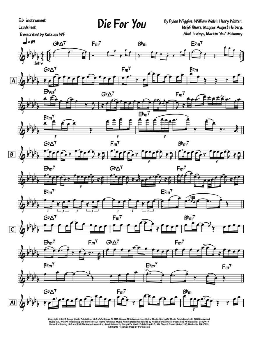 Die For You Die For You Alto Saxophone scores gallery preview page 1