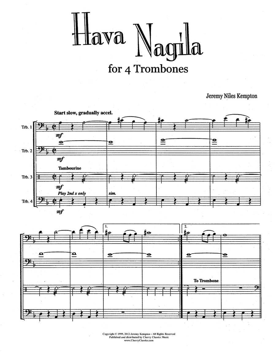 Hava Nagila Israeli Folk Song for Trombone Quartet Brass Quartet scores gallery preview page 1