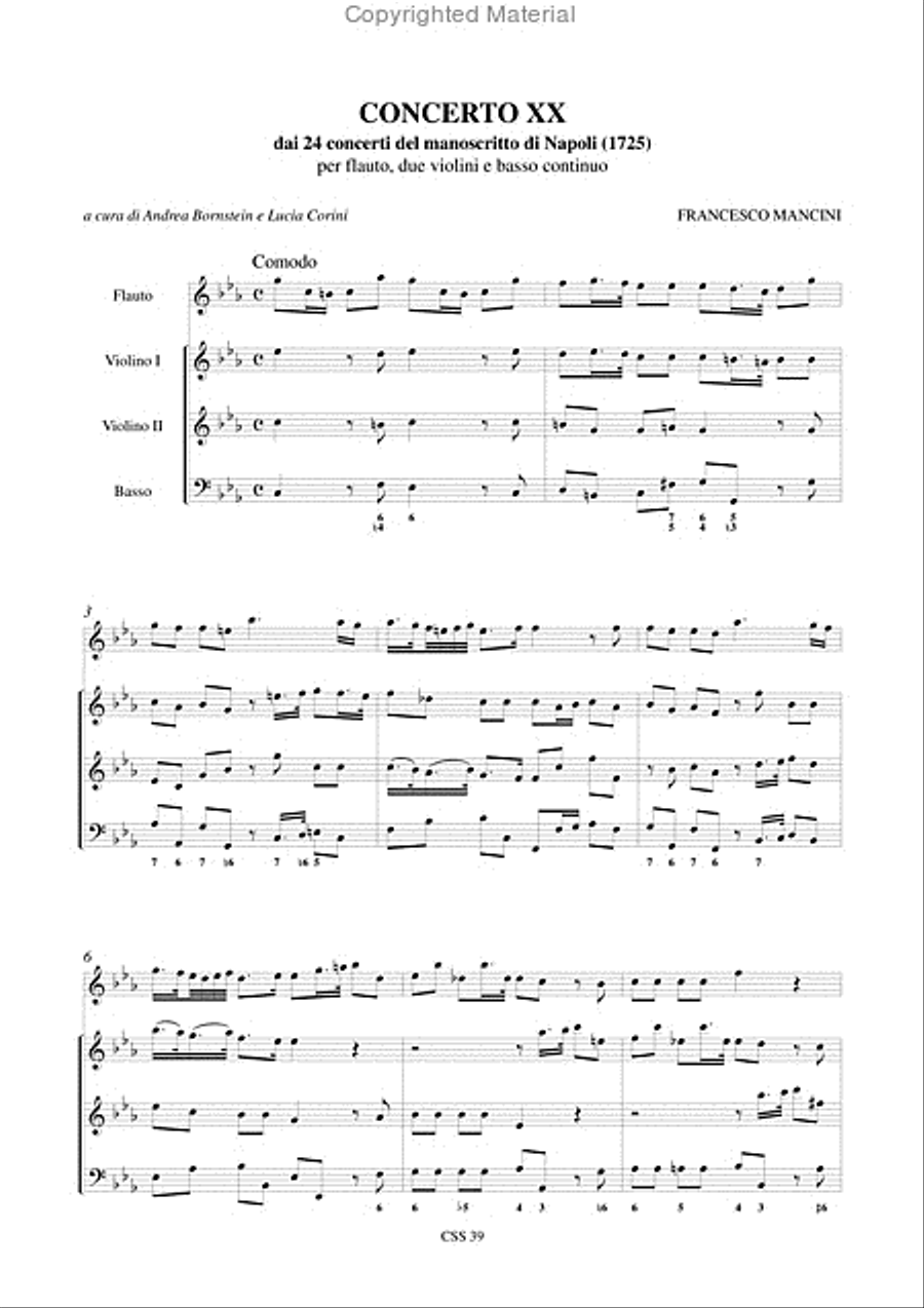 Concerto No. 20 from the 24 Concertos in the Naples manuscript (1725) for Treble Recorder (Flute), 2 Violins and Continuo Flute scores gallery preview page 2