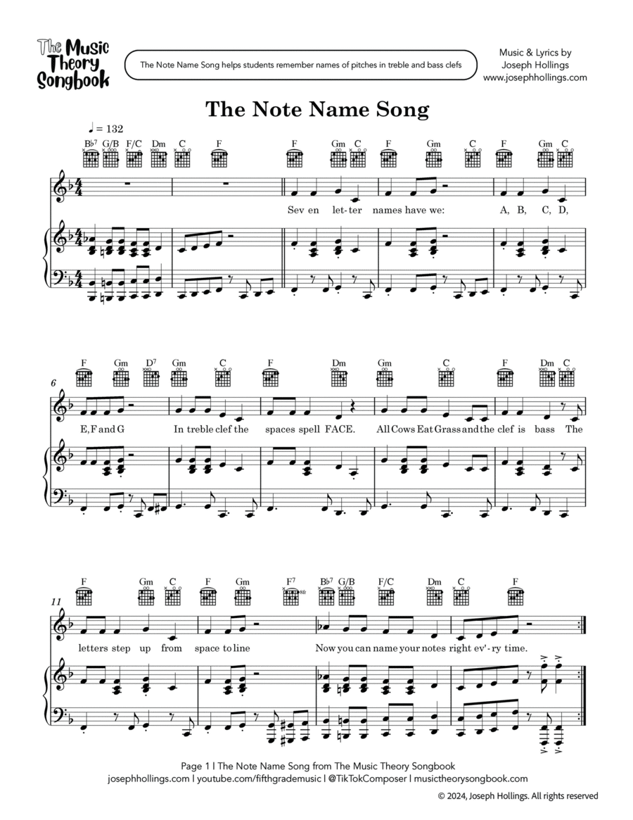 Book cover for Note Name Song (Teacher & Student Resources, Worksheets) from The Music Theory Songbook