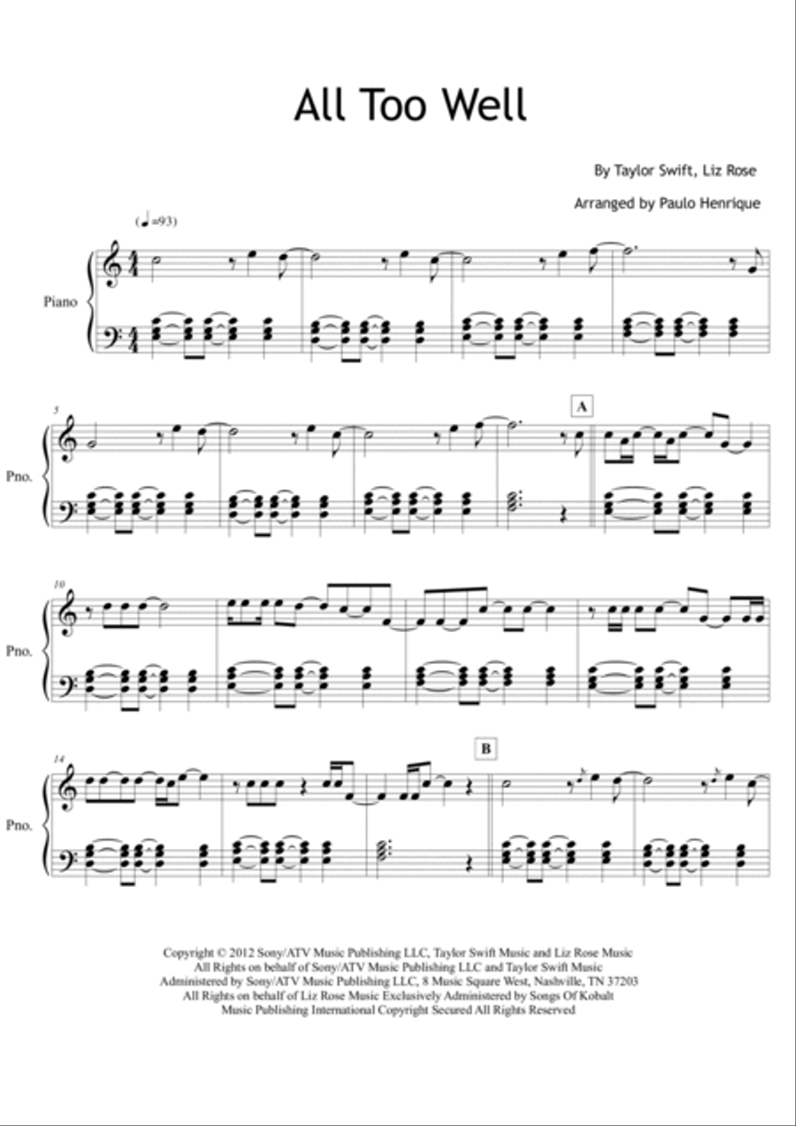 All Too Well Easy Piano scores gallery preview page 2