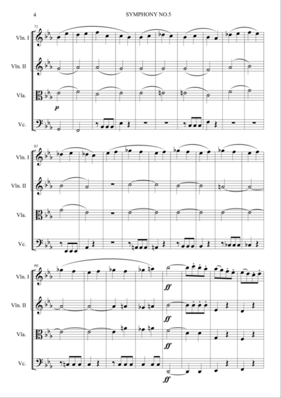 Symphony No.5 Op.67 Easy Version String Quartet scores gallery preview page 4