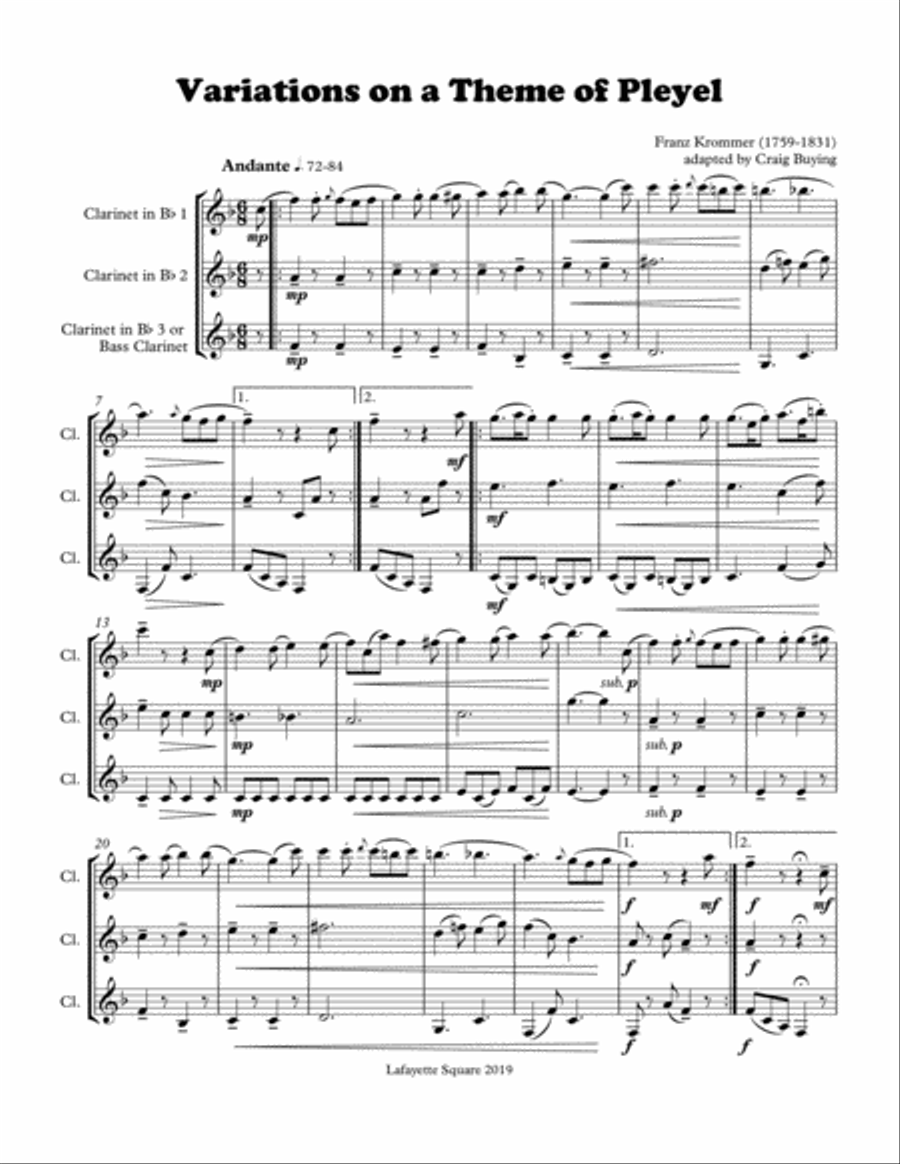 Krommer: Variations on Theme of Pleyel for Clarinet Trio Clarinet Trio scores gallery preview page 2