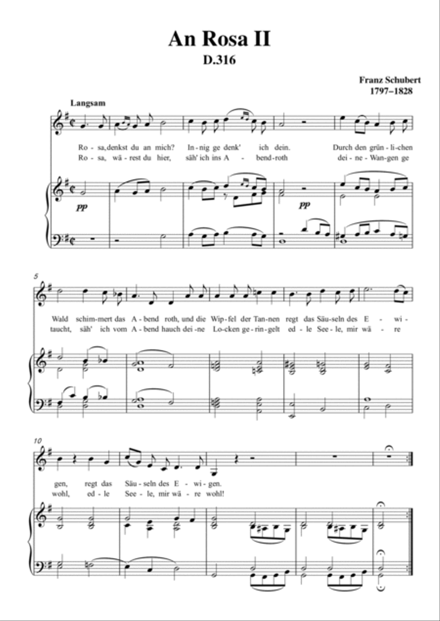 Schubert-An Rosa II (To Rosa),D.316 in G for Vocal and Piano Voice scores gallery preview page 2