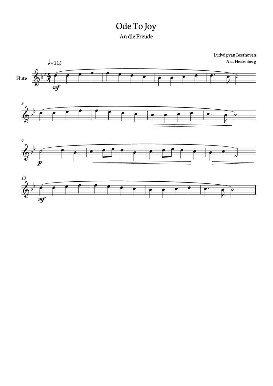 Beethoven - Ode To Joy for flute in Bb - clean version. Flute Solo scores gallery preview page 1