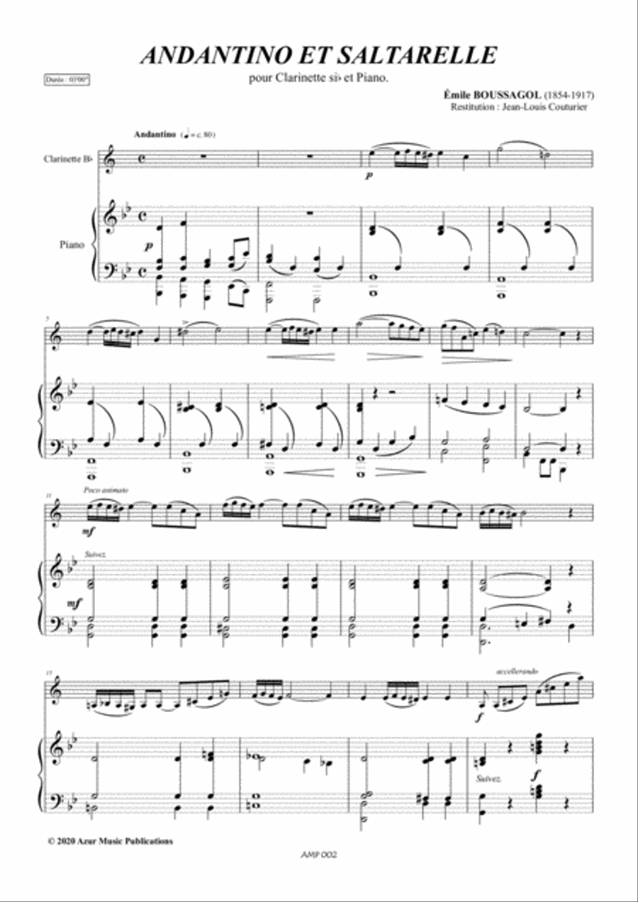 ANDANTINO ET SALTARELLE (Emile Boussagol 1854-1917) for Clarinet and Piano Clarinet Solo scores gallery preview page 4