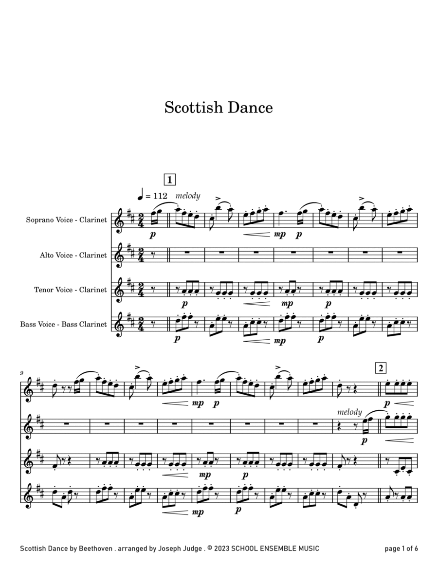 Scottish Dance by Beethoven for Clarinet Quartet in Schools Clarinet Quartet scores gallery preview page 1