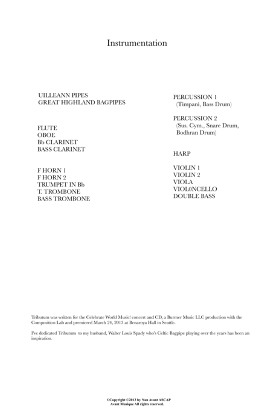 Tributum for Celtic Bagpipes and Chamber Orchestra by Nan Avant Chamber Orchestra scores gallery preview page 2