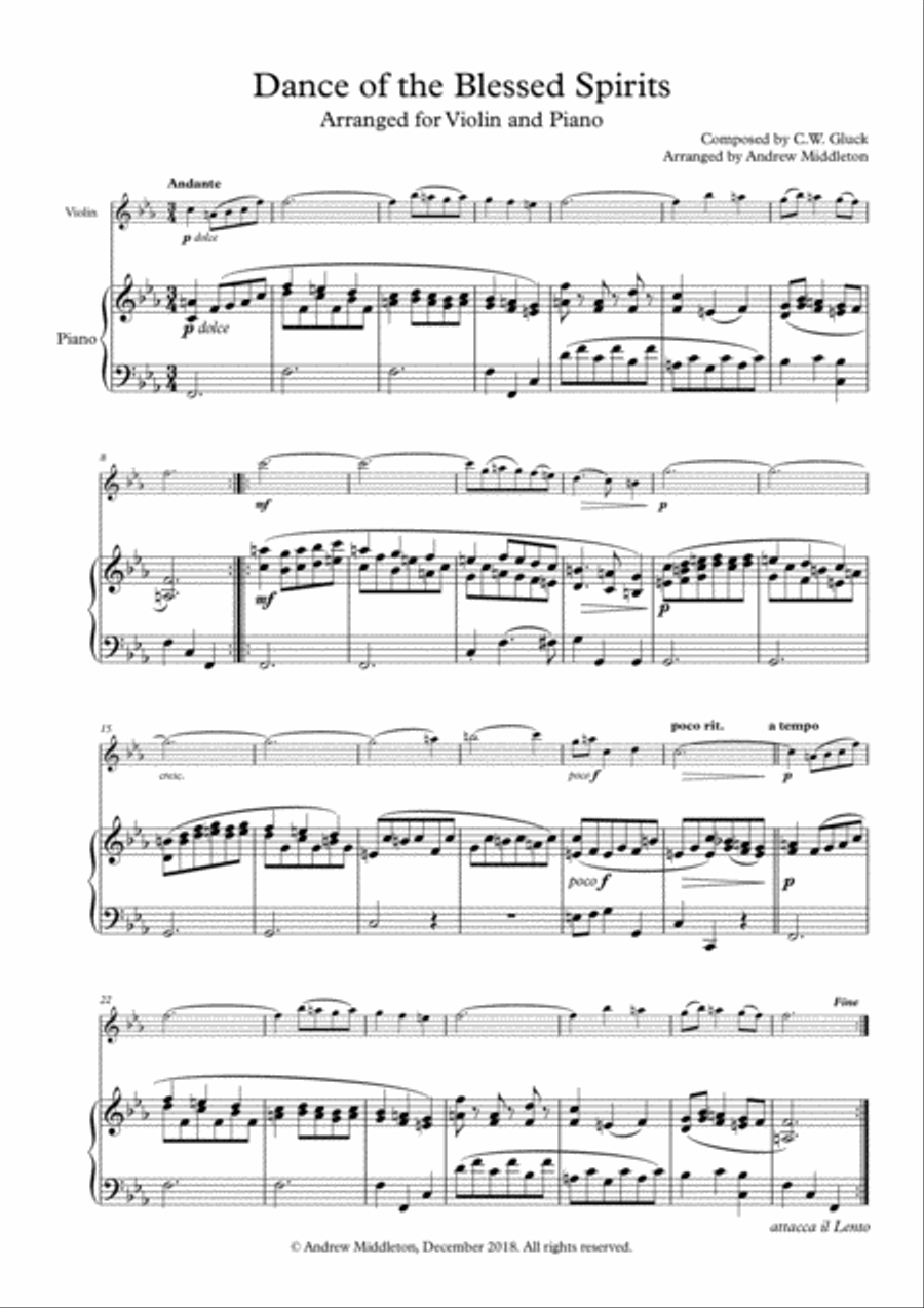 Dance of the Blessed Spirits arranged for Violin and Piano Small Ensemble scores gallery preview page 3