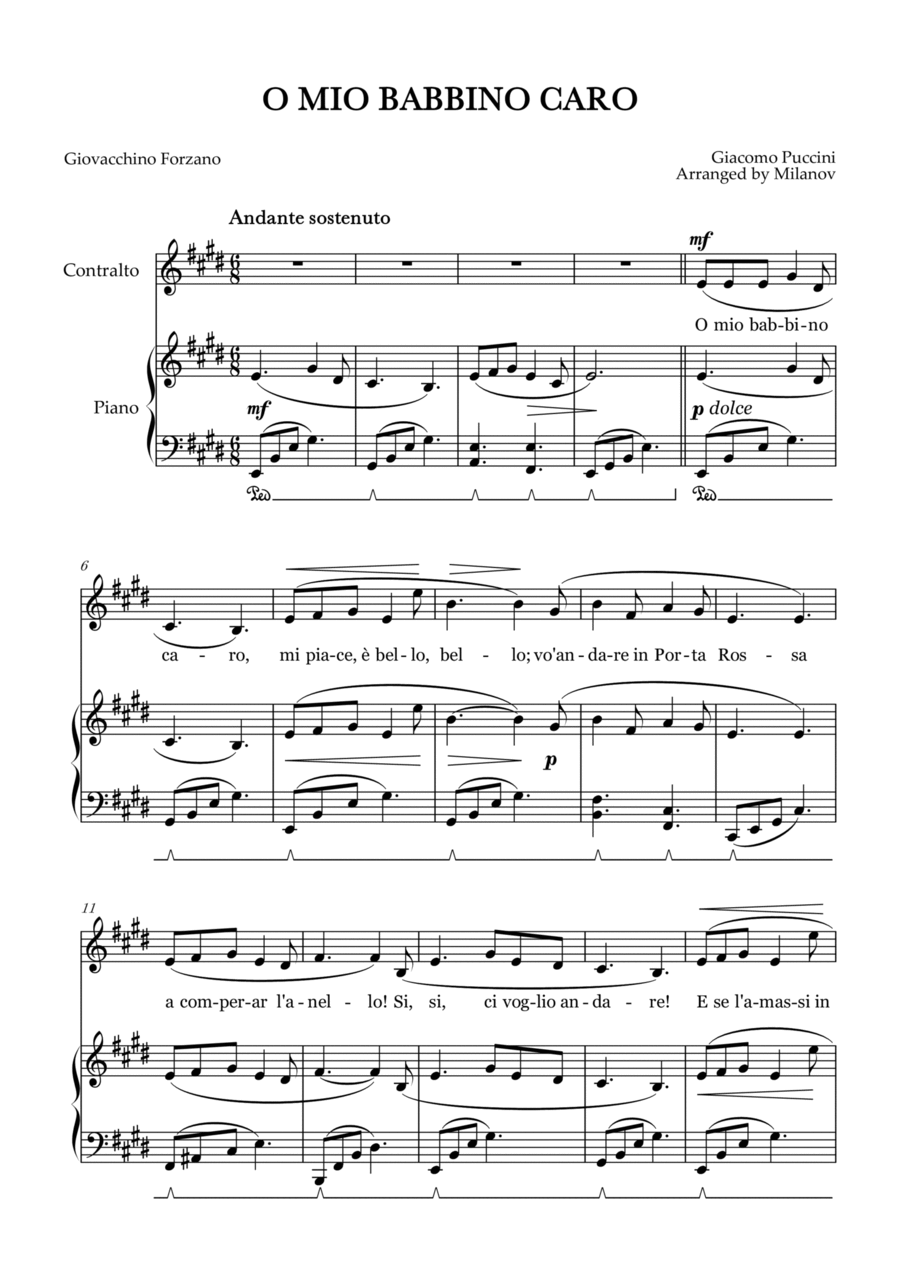 O Mio Babbino Caro | Female Voice Contralto | E Major | Piano accompaniment | Pedal