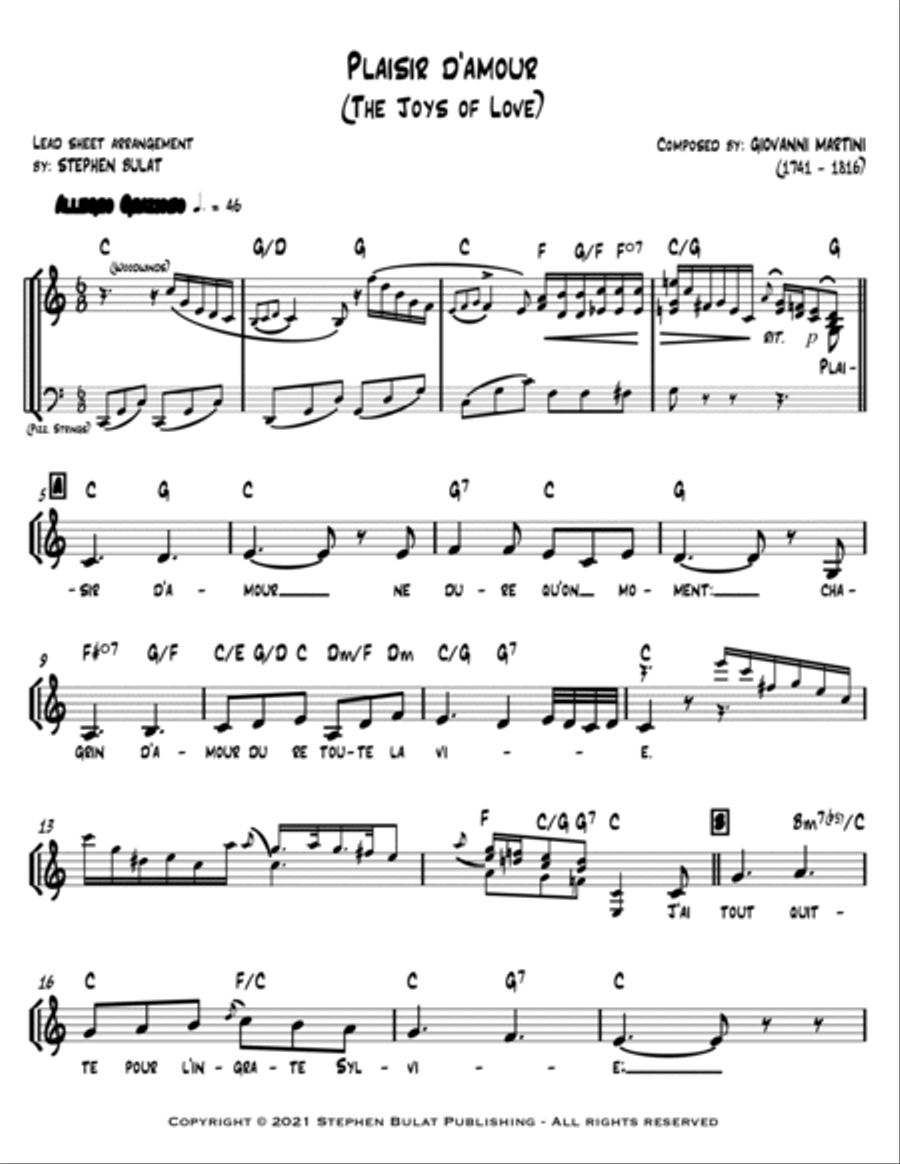 Plaisir d'amour (Pleasure of Love) - Lead sheet (key of C) Large Ensemble scores gallery preview page 2