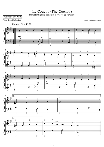 Le Coucou/The Cuckoo (EASY PIANO) Harpsichord Suite No. 3 “Pièces de clavecin” [Louis-Claude Daquin] image number null