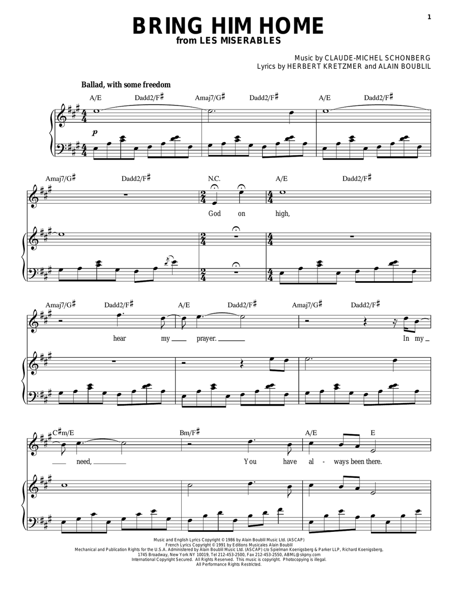 Bring Him Home Bring Him Home Piano, Vocal scores gallery preview page 1