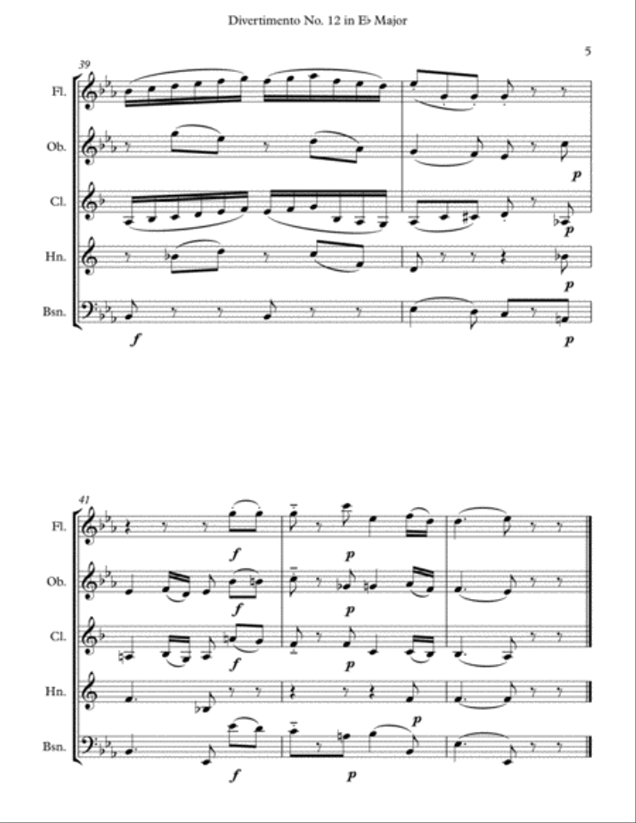 Mozart: Divertimento No. 12 in Eb Major for Wind Quintet Woodwind Quintet scores gallery preview page 5