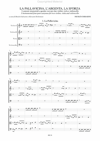 La Pallavicina, L’Argenta, La Sforza. 3 Instrumental four-part Canzonas (Venezia 1624) for 2 Violins, Viola and Violoncello