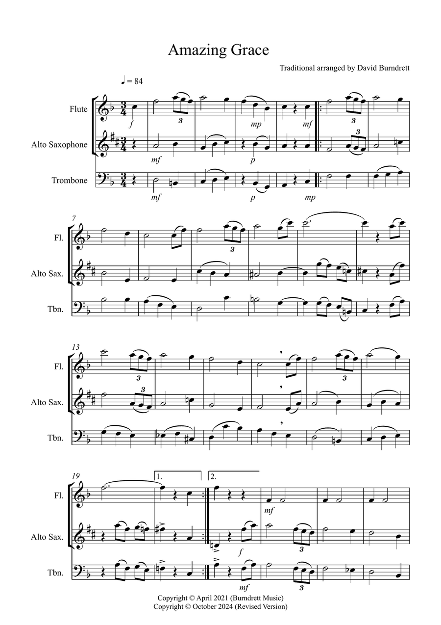 Amazing Grace for Flute, Alto Saxophone and Trombone Trio