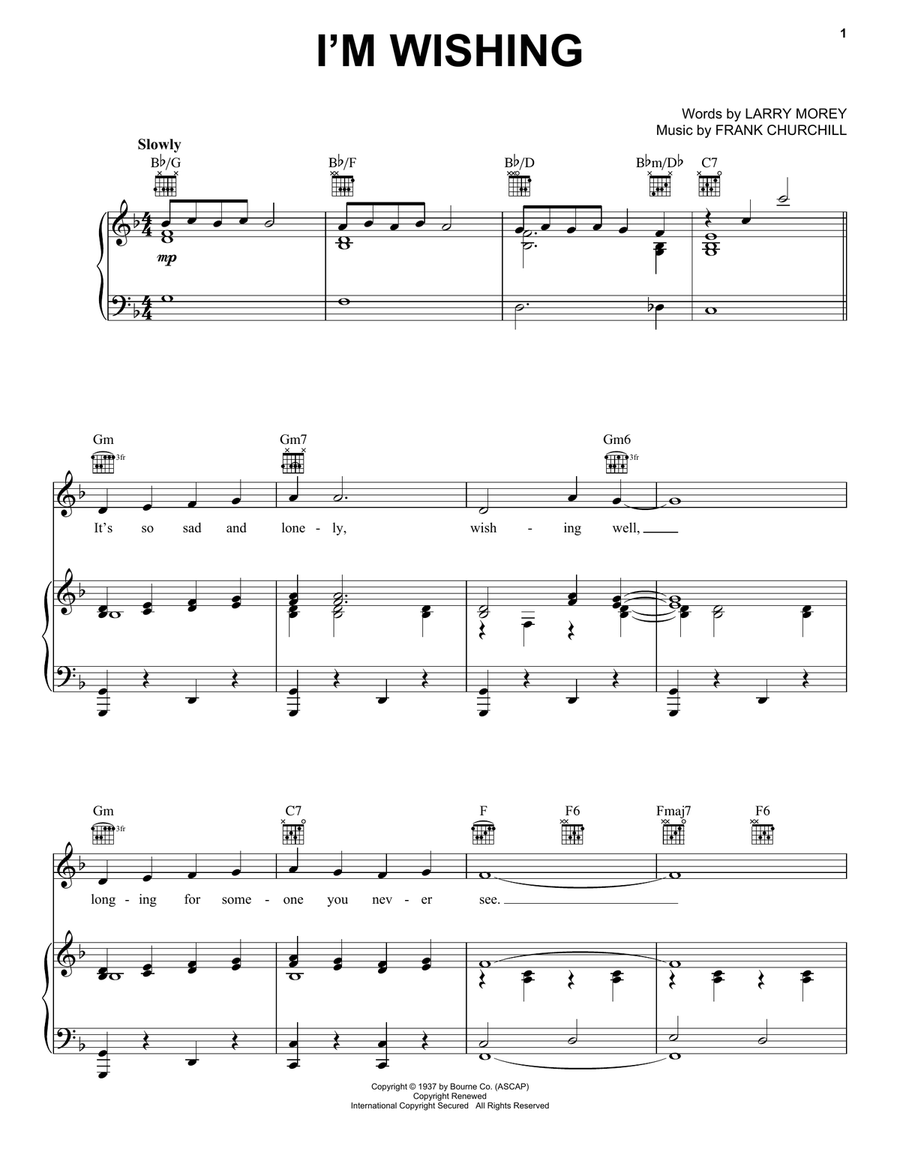 I'm Wishing (from Snow White and the Seven Dwarfs) Piano, Vocal, Guitar scores gallery preview page 1