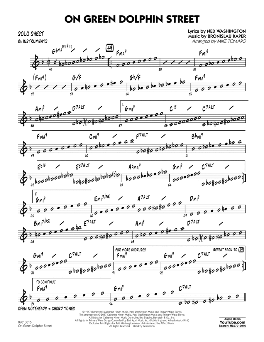 On Green Dolphin Street - Bb Solo Sheet Part scores gallery preview page 1