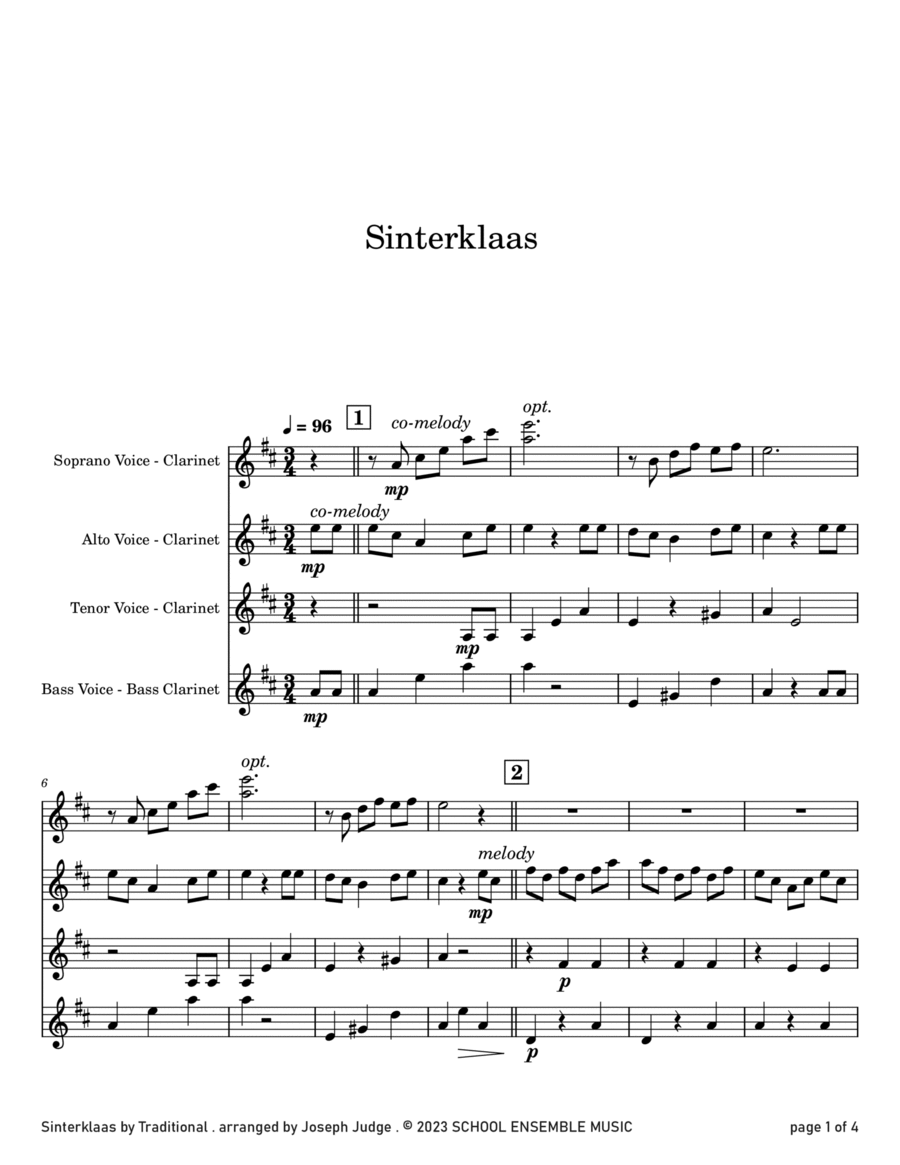 Sinterklaas for Clarinet Quartet in Schools Clarinet Quartet scores gallery preview page 1