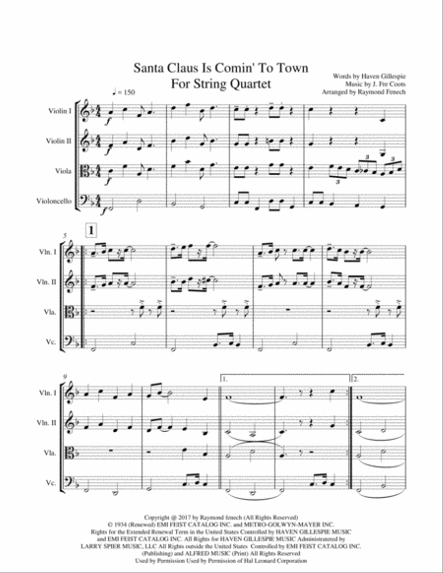 Santa Claus Is Comin' To Town String Quartet scores gallery preview page 6