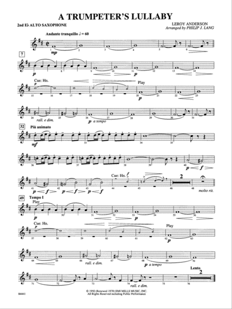Trumpeter's Lullaby (with Trumpet Solo): 2nd E-flat Alto Saxophone Concert Band scores gallery preview page 1