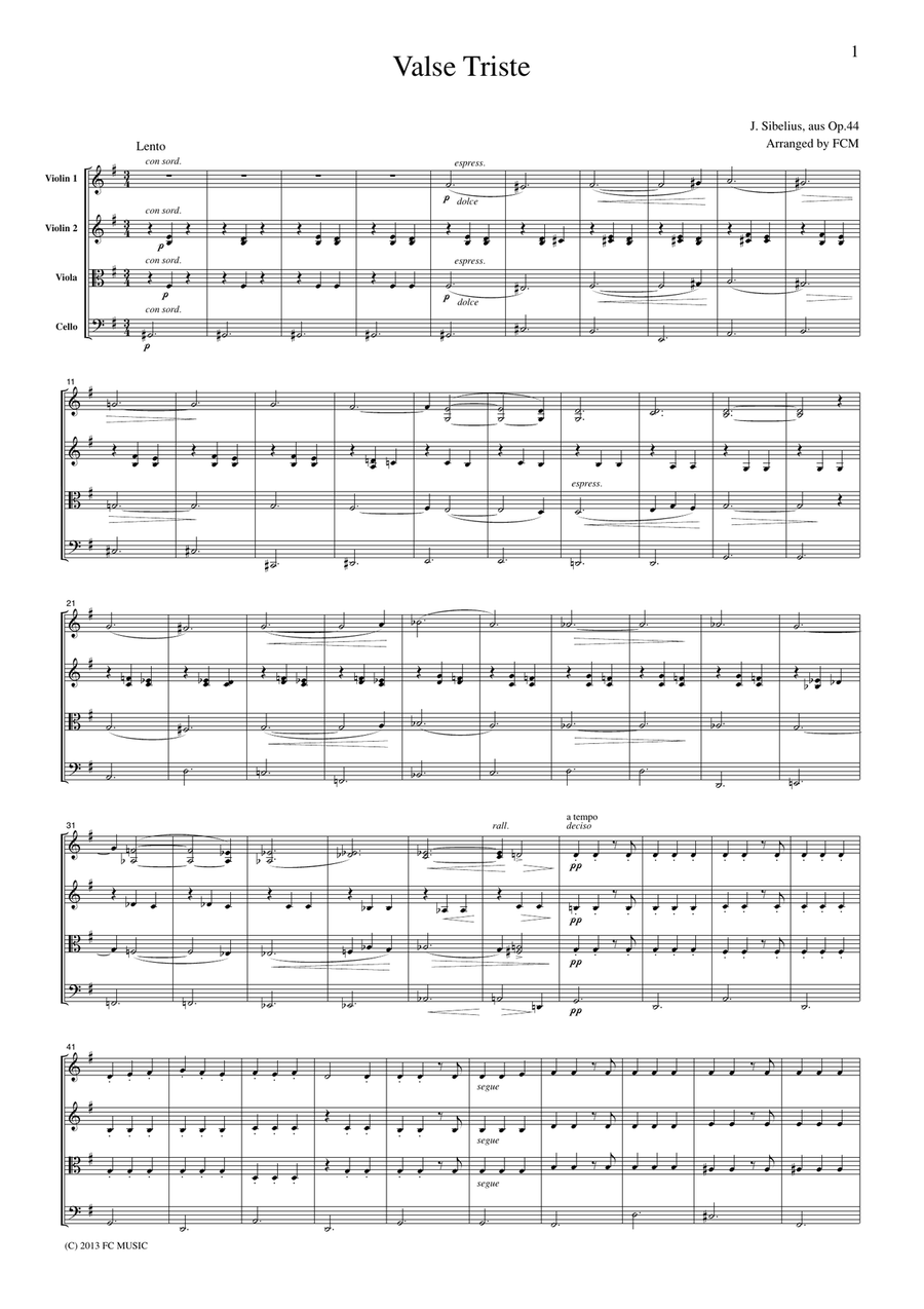 Sibelius Valse Triste, for string quartet, CS602 String Quartet scores gallery preview page 1