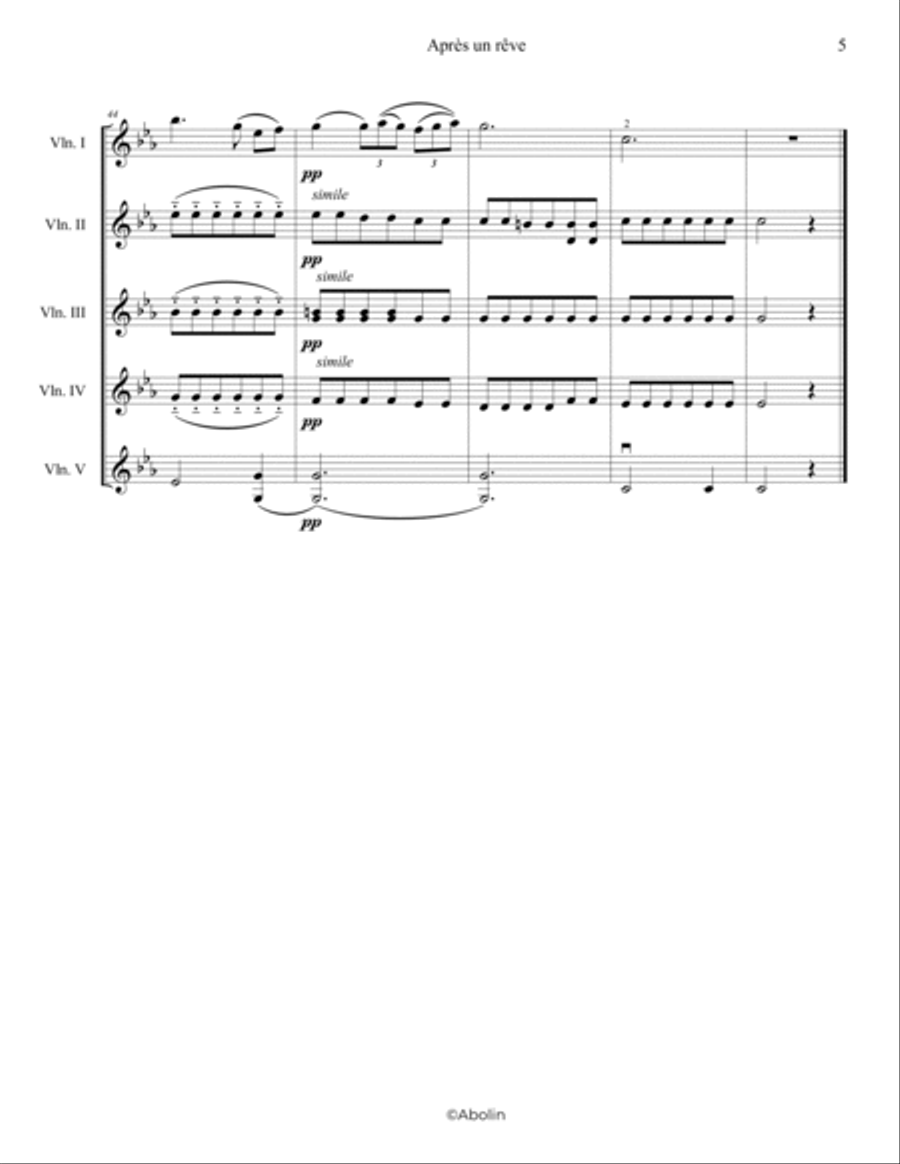 Fauré: Après un rêve - 5 Violins Chamber Music scores gallery preview page 6