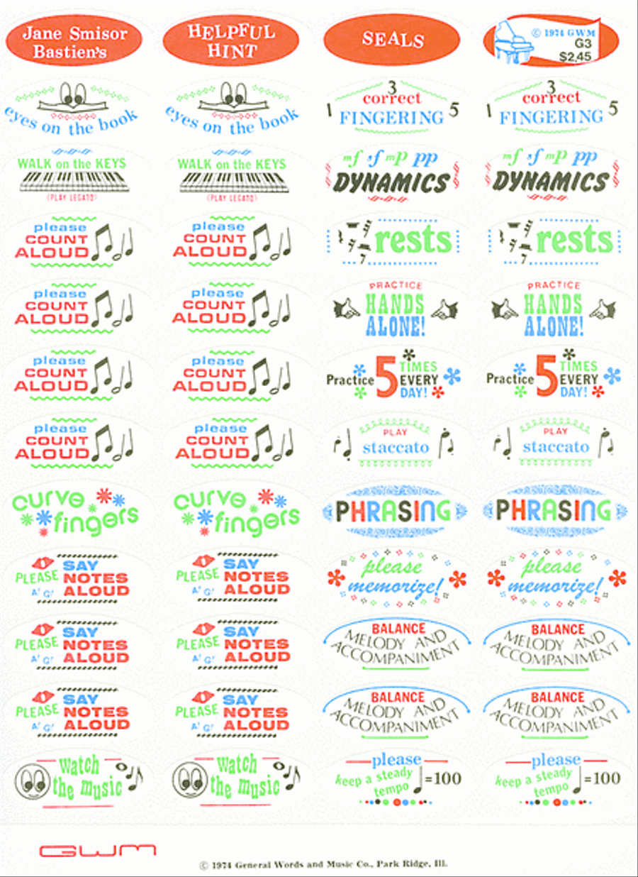 Bastien Helpful Hint Seals Piano Method scores gallery preview page 1