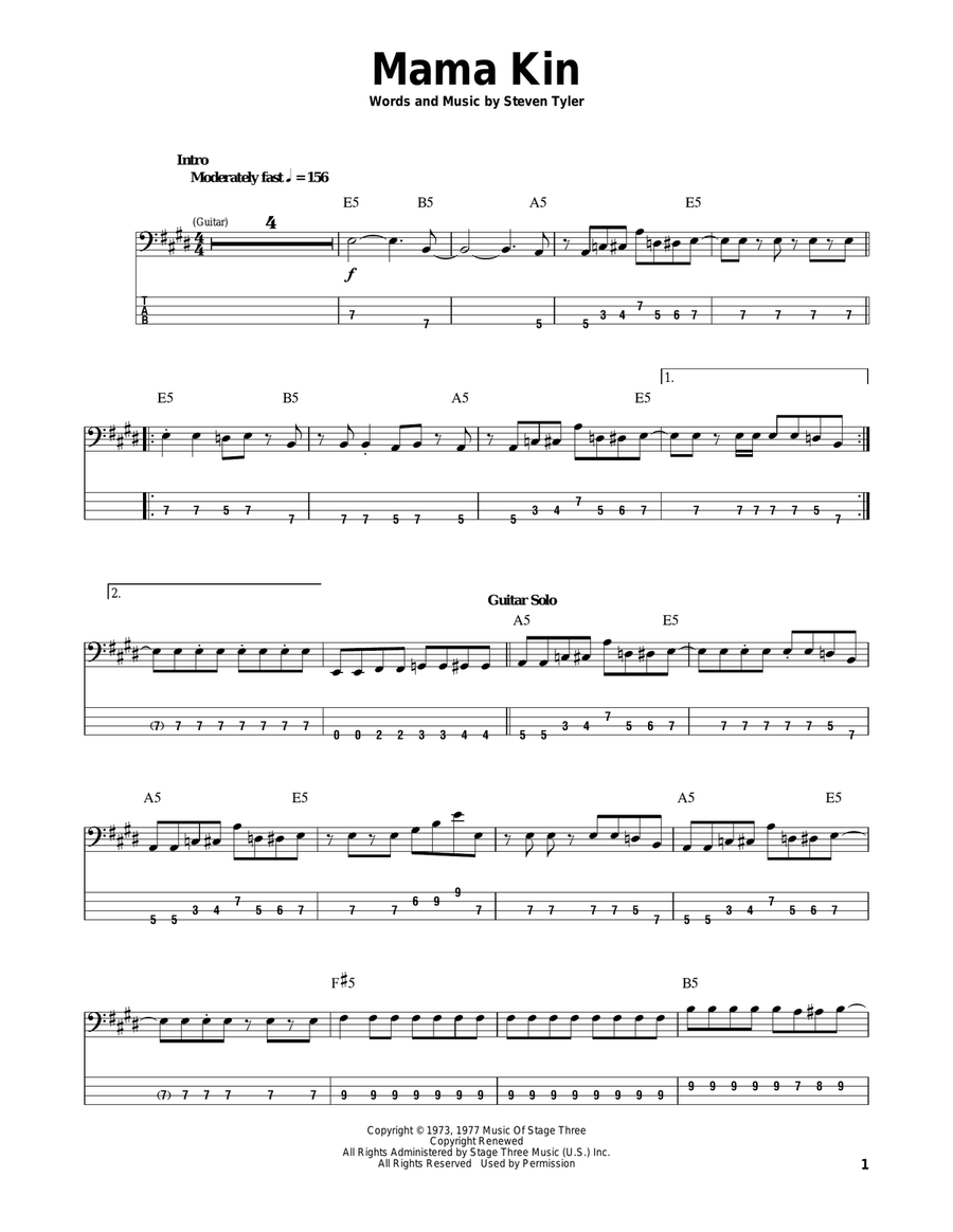 Mama Kin Bass Guitar Tablature scores gallery preview page 1