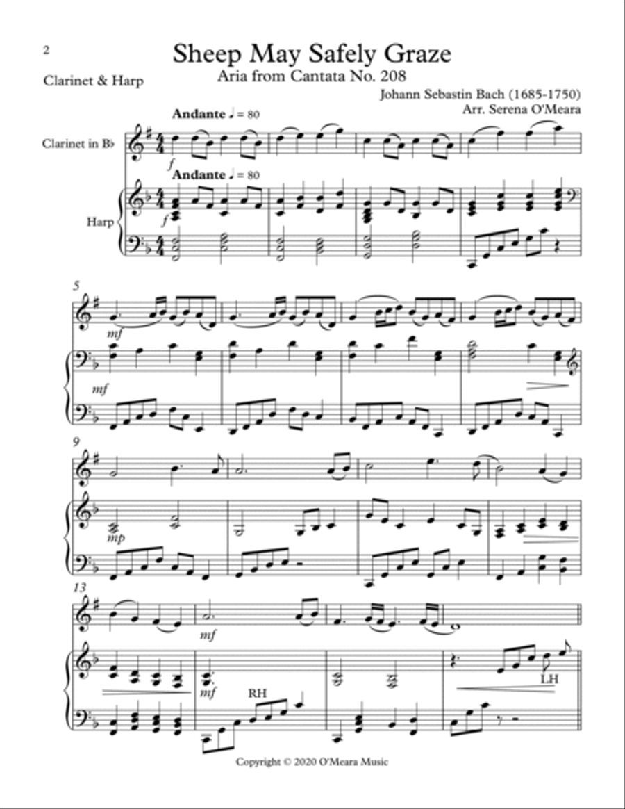 Sheep May Safely Graze, Duet for Bb Clarinet & Harp B-Flat Clarinet scores gallery preview page 2