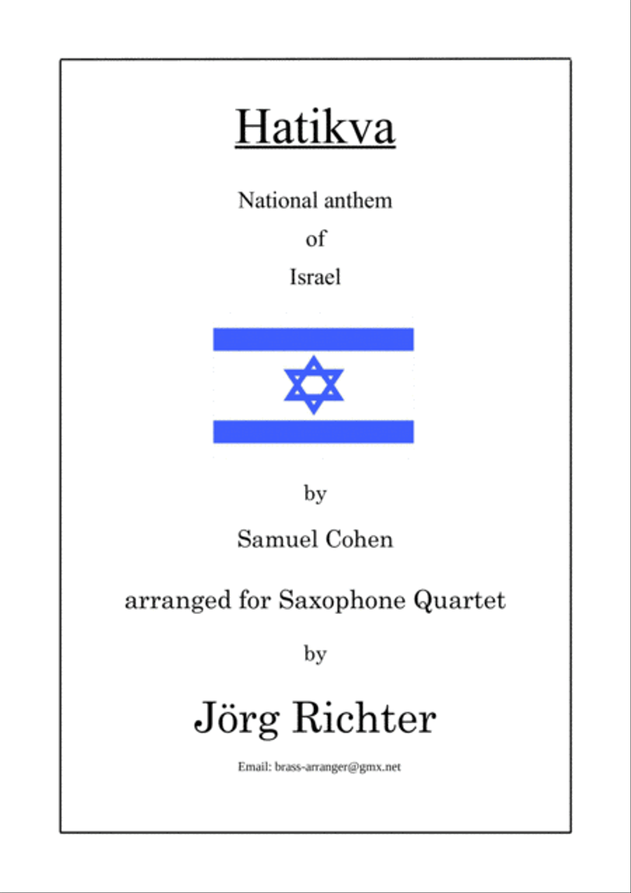 Hatikva (Nationalhymne Israels) für Saxophon Quartett Saxophone Quartet scores gallery preview page 1