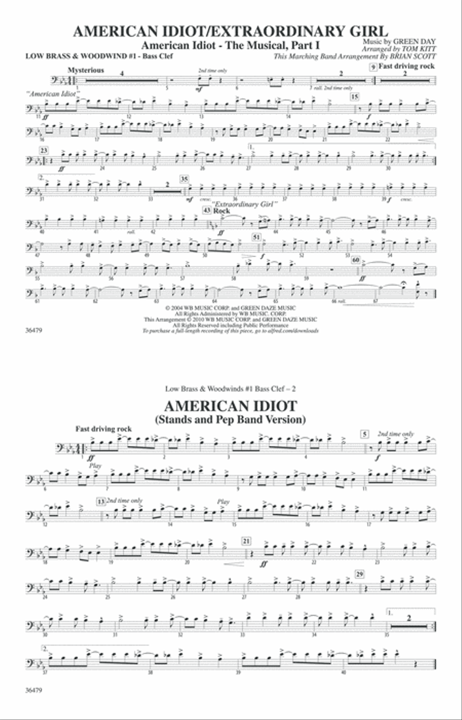 American Idiot / Extraordinary Girl: Low Brass & Woodwinds #1 - Bass Clef Marching Band scores gallery preview page 1