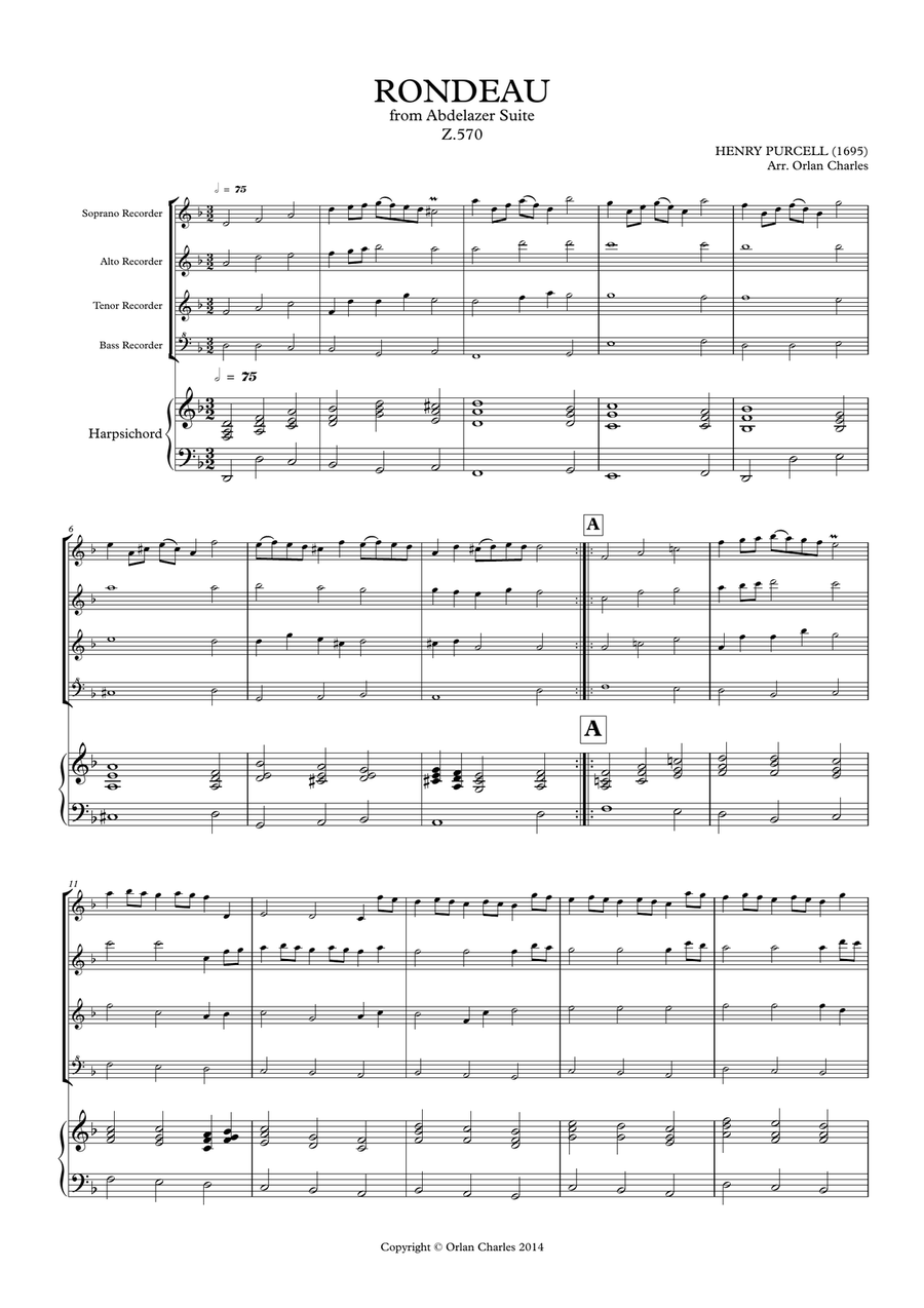 Henry Purcell - Rondeau - From Abdelazer Suite - for recorder quartet Woodwind Quartet scores gallery preview page 3