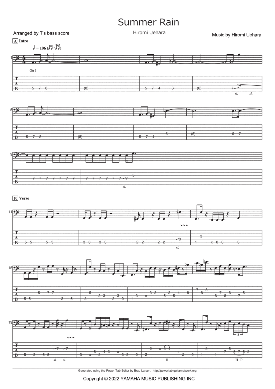 Summer Rain Bass Guitar scores gallery preview page 1