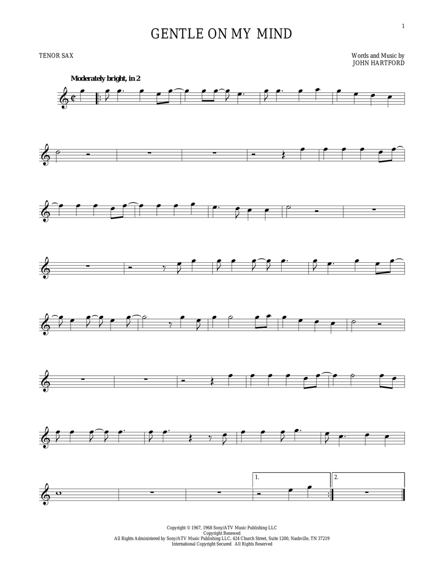 Gentle On My Mind Tenor Saxophone scores gallery preview page 1