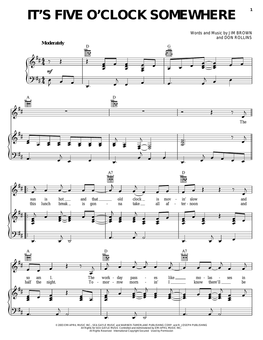 It's Five O'Clock Somewhere Piano, Vocal, Guitar scores gallery preview page 1