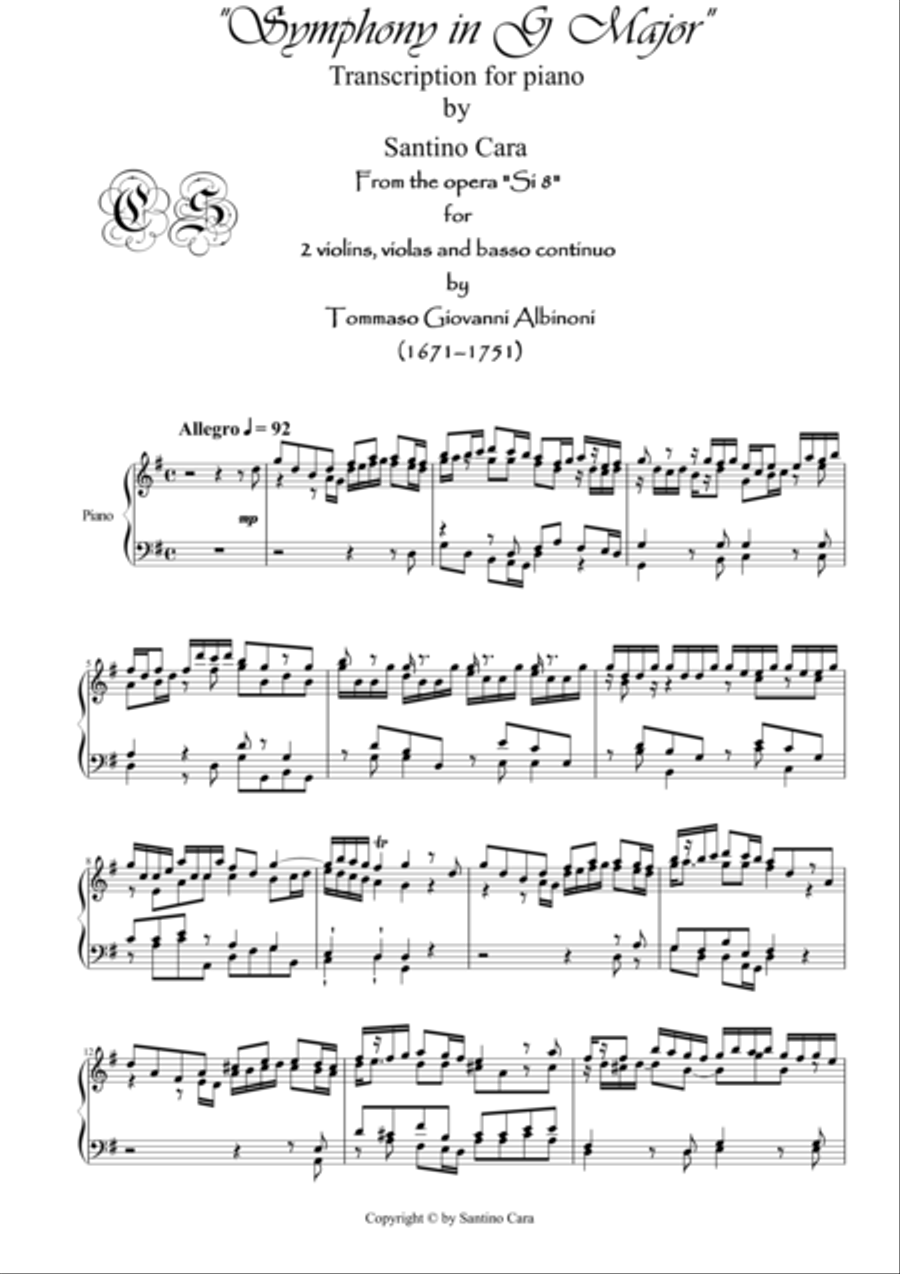 Albinoni - Sinfonia in G major-Si8- for piano - S.Cara 4-Part scores gallery preview page 1