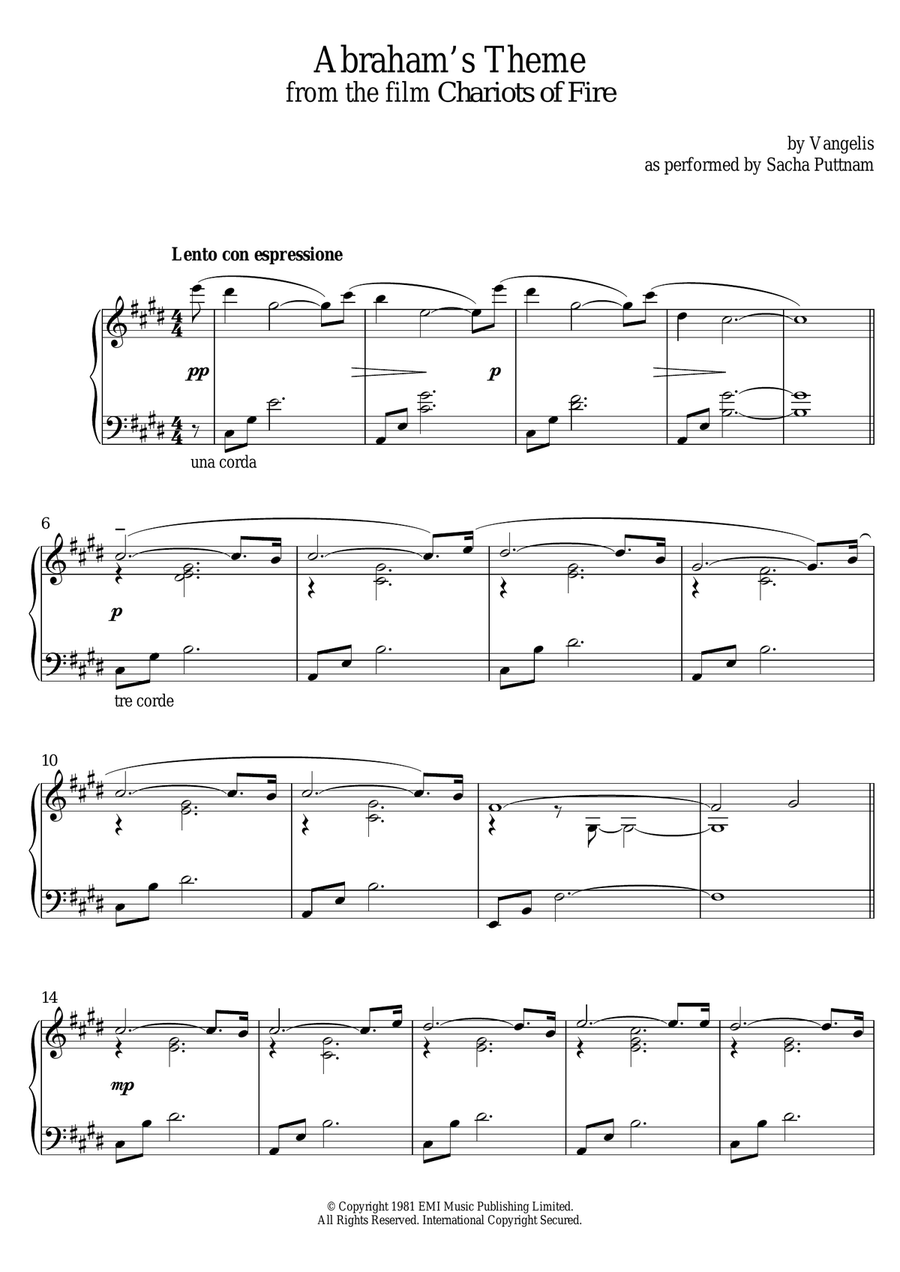 Abraham's Theme (from Chariots Of Fire) (as performed by Sacha Puttnam) Piano Solo scores gallery preview page 1
