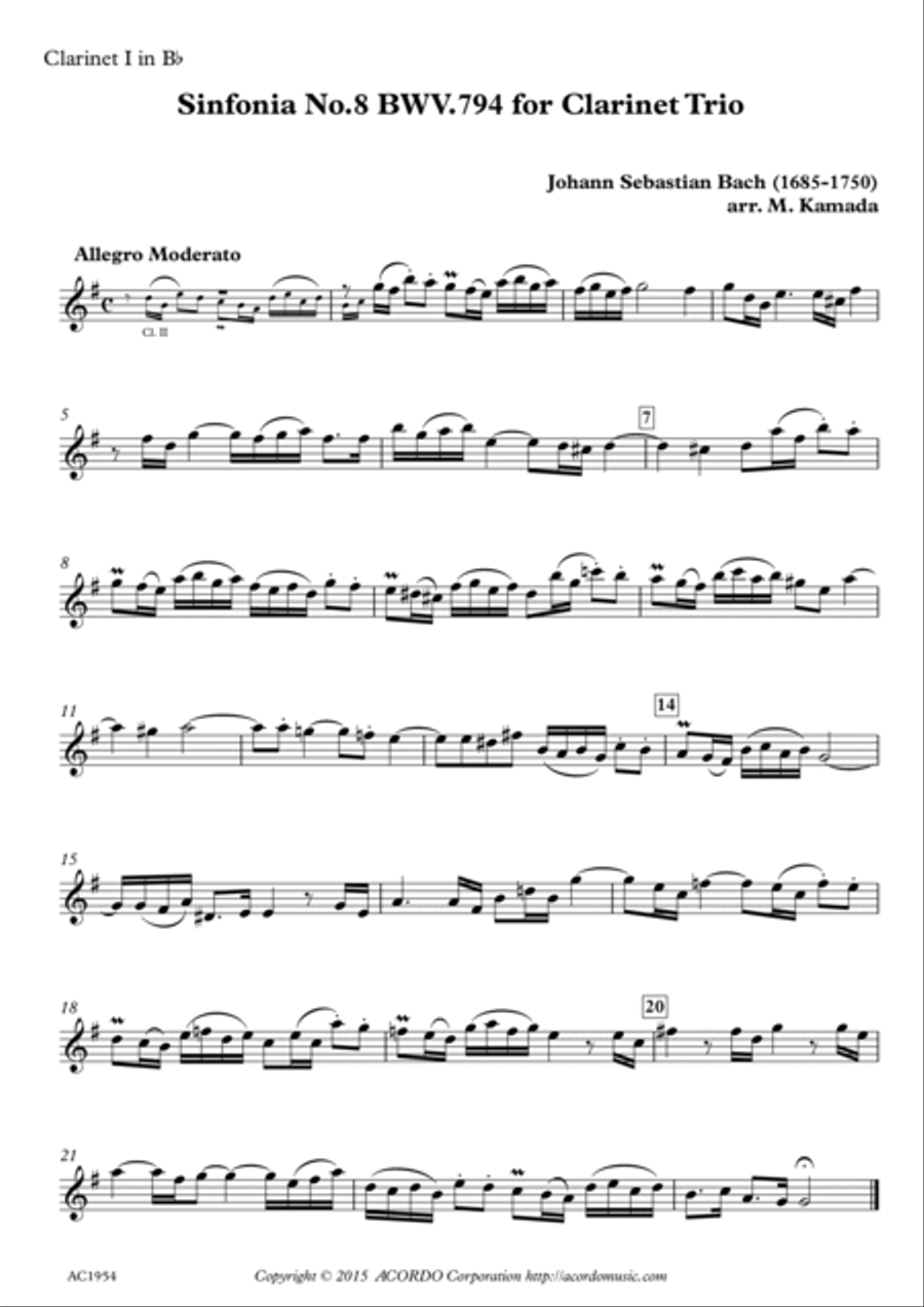 Sinfonia No.8 BWV.794 for Clarinet Trio Clarinet Trio scores gallery preview page 3
