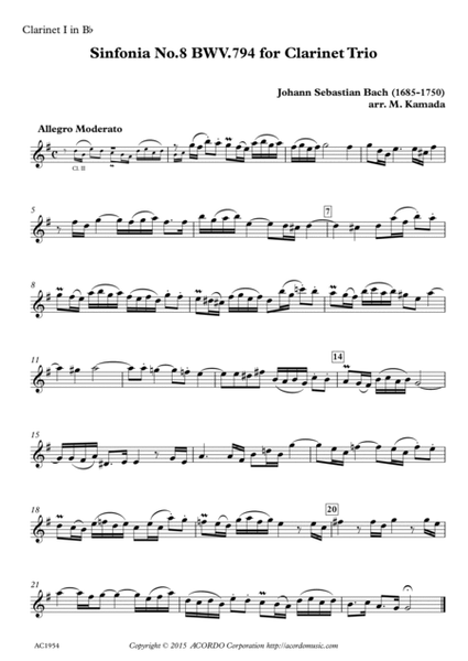 Sinfonia No.8 BWV.794 for Clarinet Trio image number null