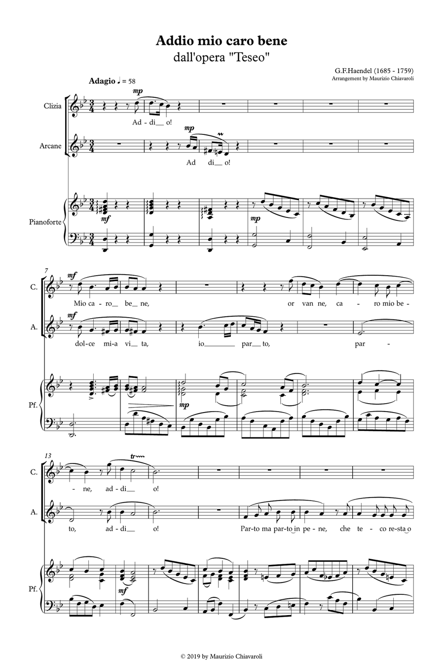 Addio mio caro bene Alto Voice scores gallery preview page 1